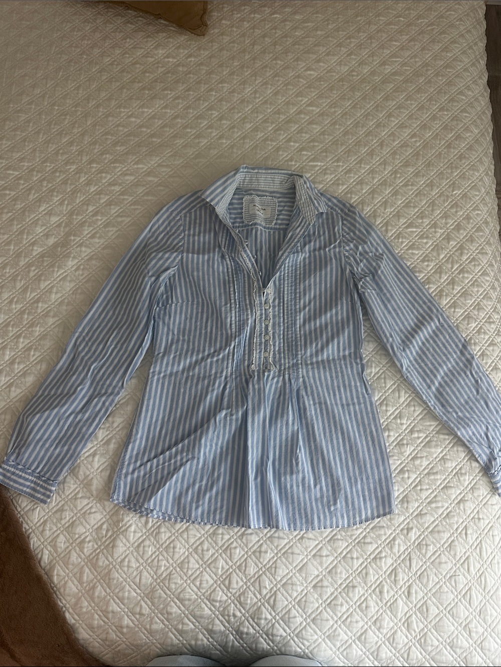 Massimo Dutti Blue and White Striped Button-Front Blouse